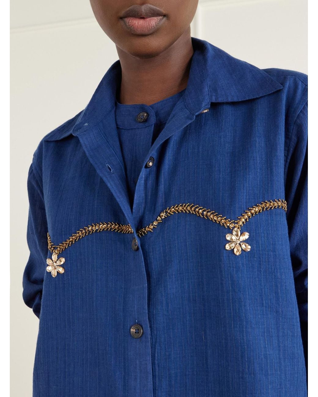Kartik Research Blue Bead-Embellished Layered Striped Cotton Shirt