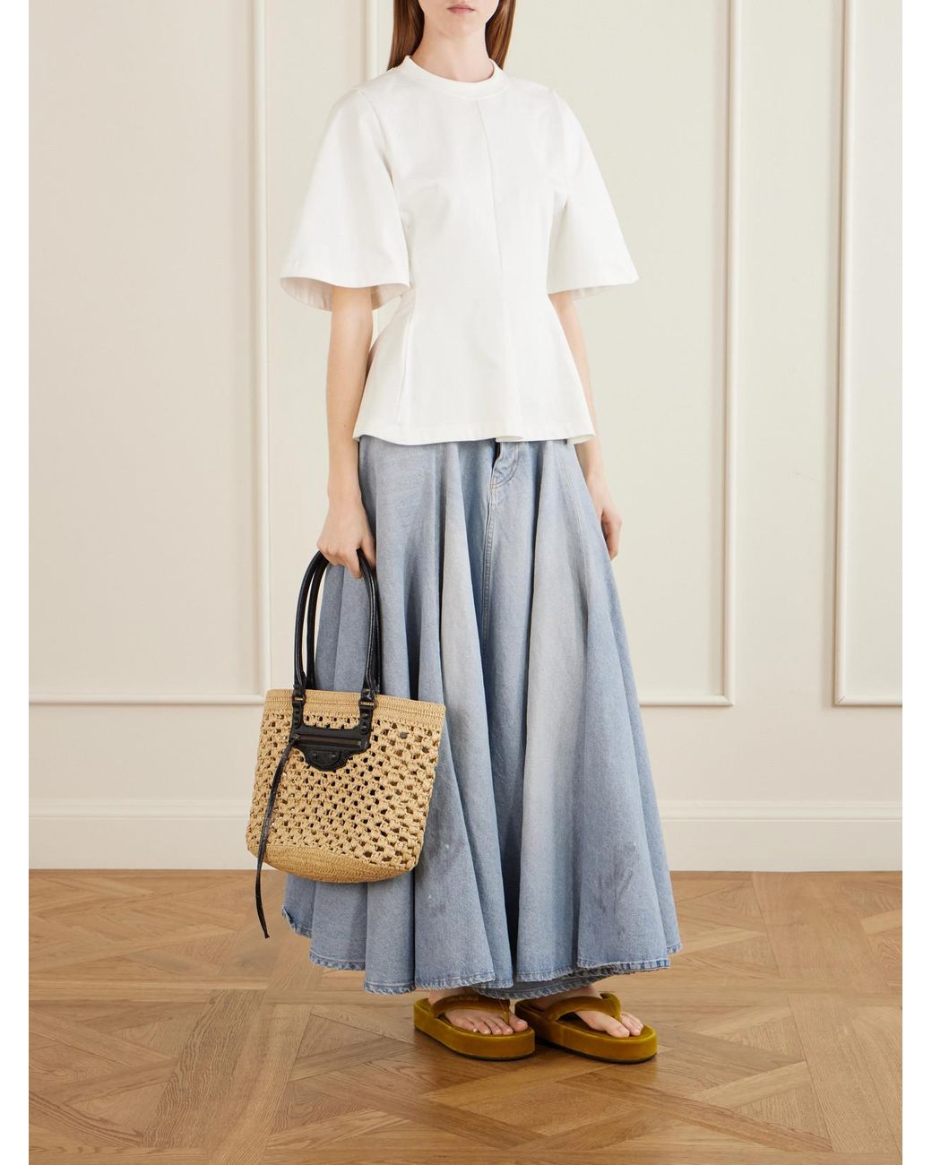 Balenciaga Natural Le City Leather-Trimmed Raffia Shoulder Bag