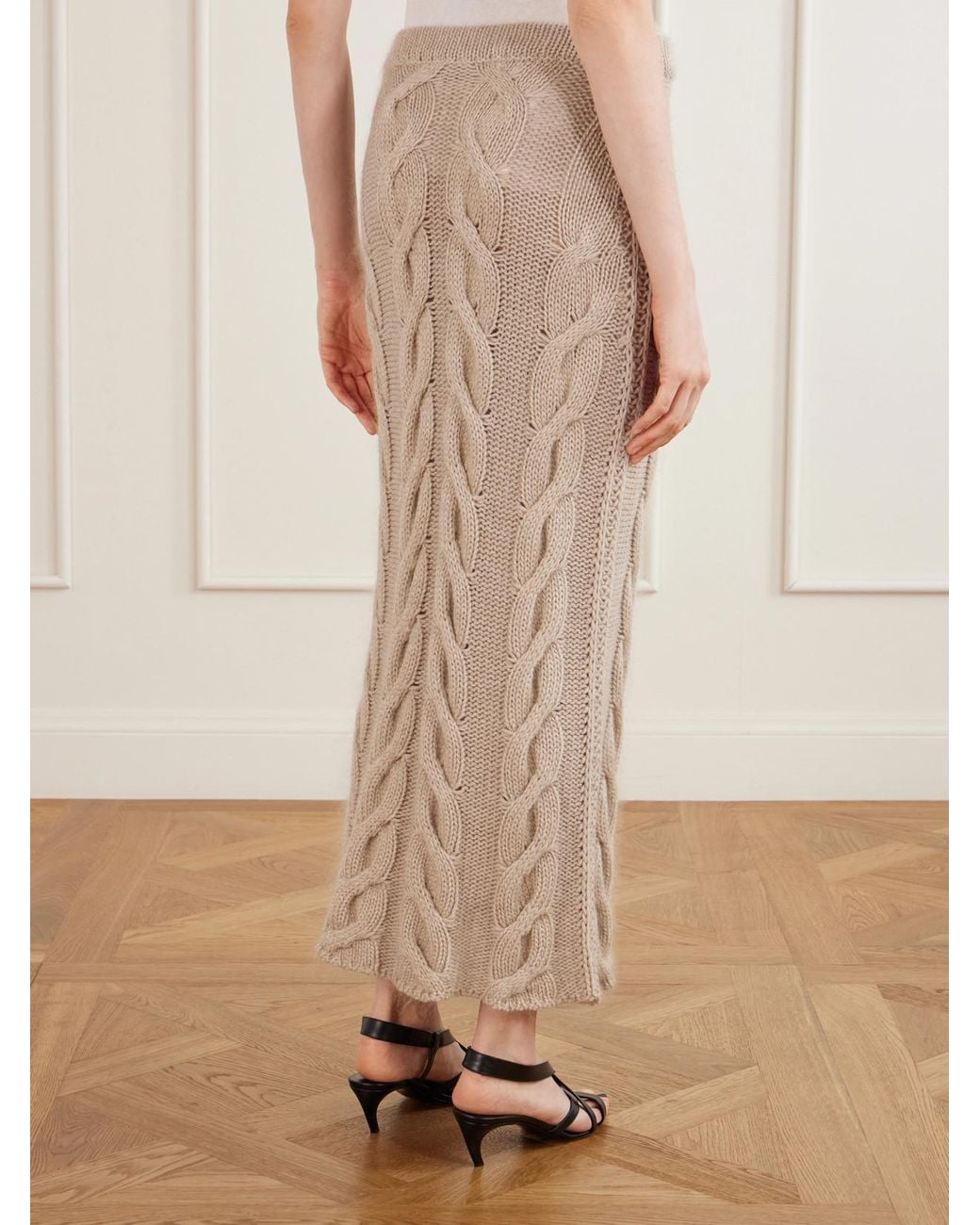 Khaite Natural Ziva Cable-Knit Cashmere, Mohair And Silk-Blend Midi Skirt