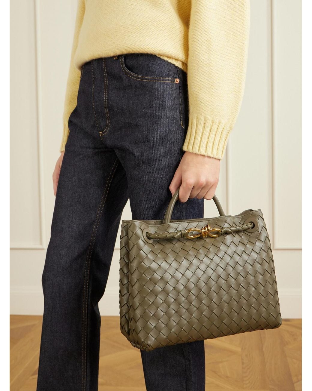 Bottega Veneta Green Andiamo Medium Intrecciato Leather Top-Handle Bag