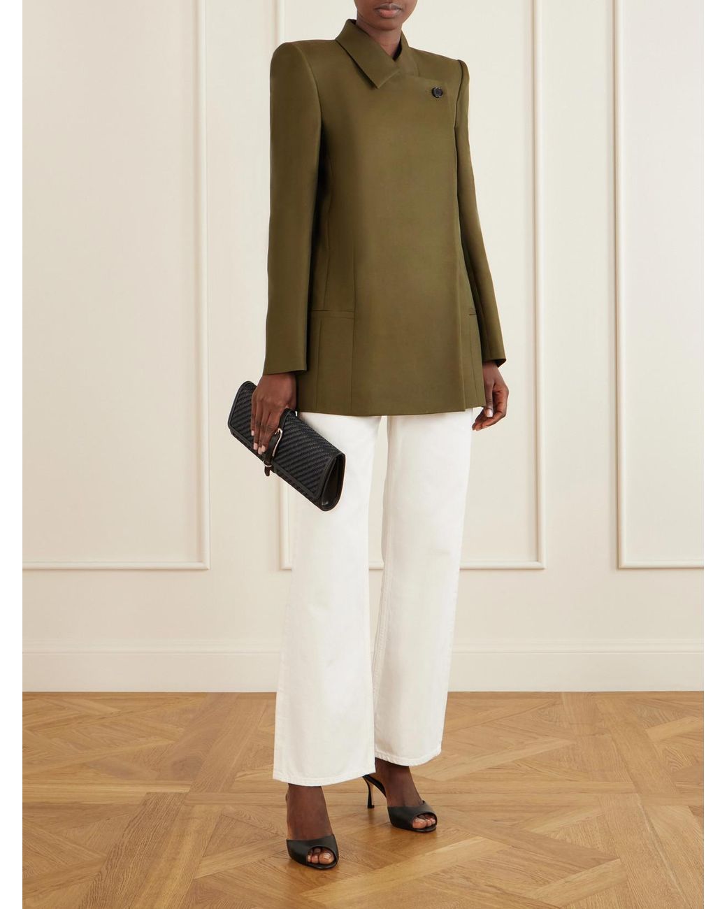 Liffner Gray Belted Leather-Trimmed Raffia Clutch