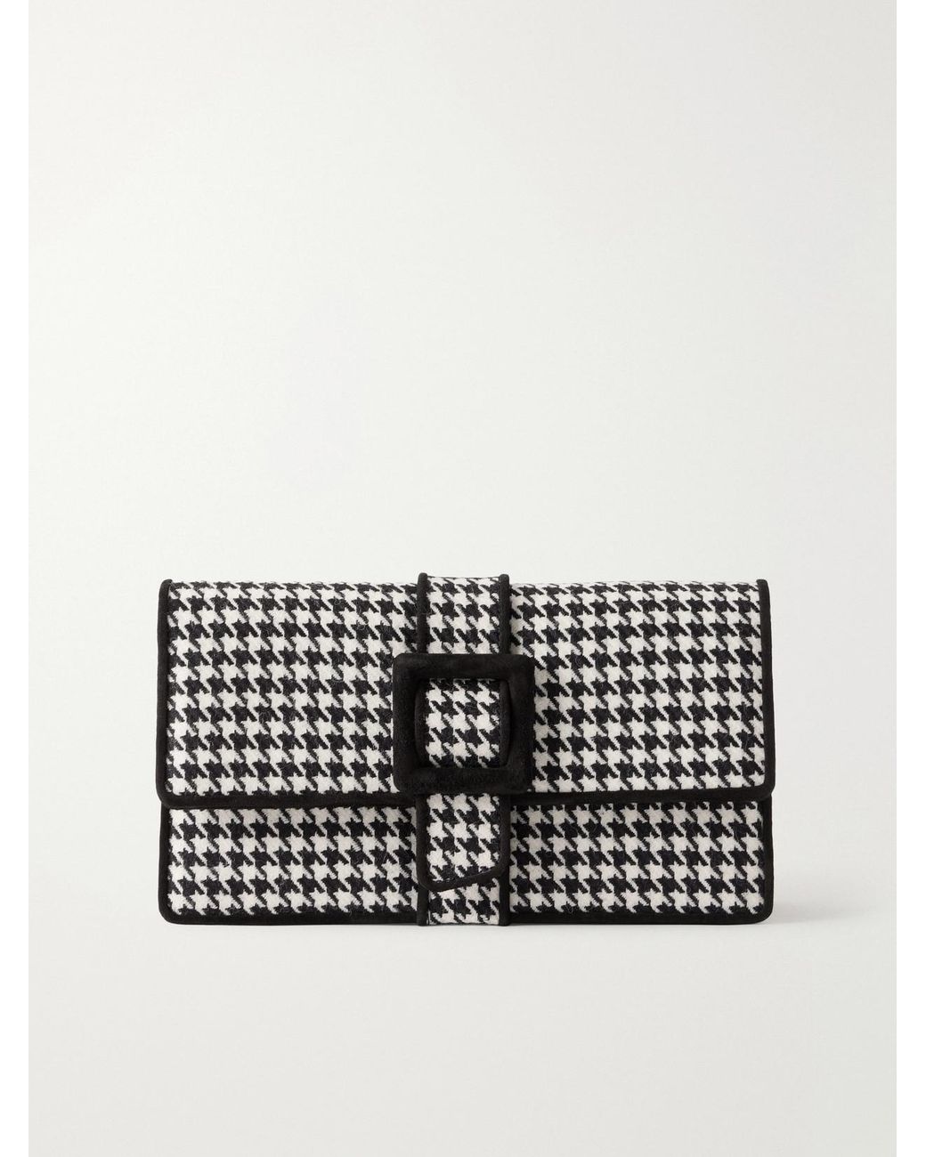Manolo Blahnik Black Maycap Suede-Trimmed Houndstooth Wool Clutch