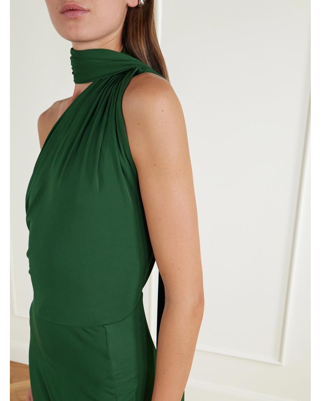 Alex Perry Green Scarf-Detailed One-Shoulder Ruched Jersey Gown