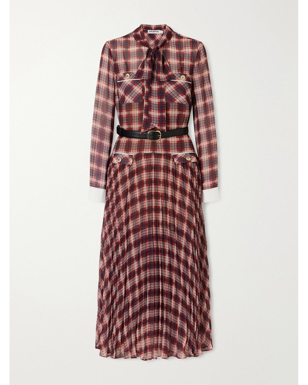 Self-Portrait Red Belted Checked Chiffon Midi Dress