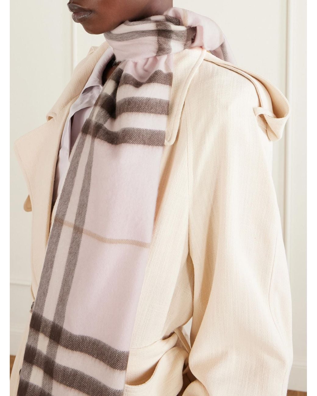 Burberry Natural Fringed Checked Cashmere Scarf