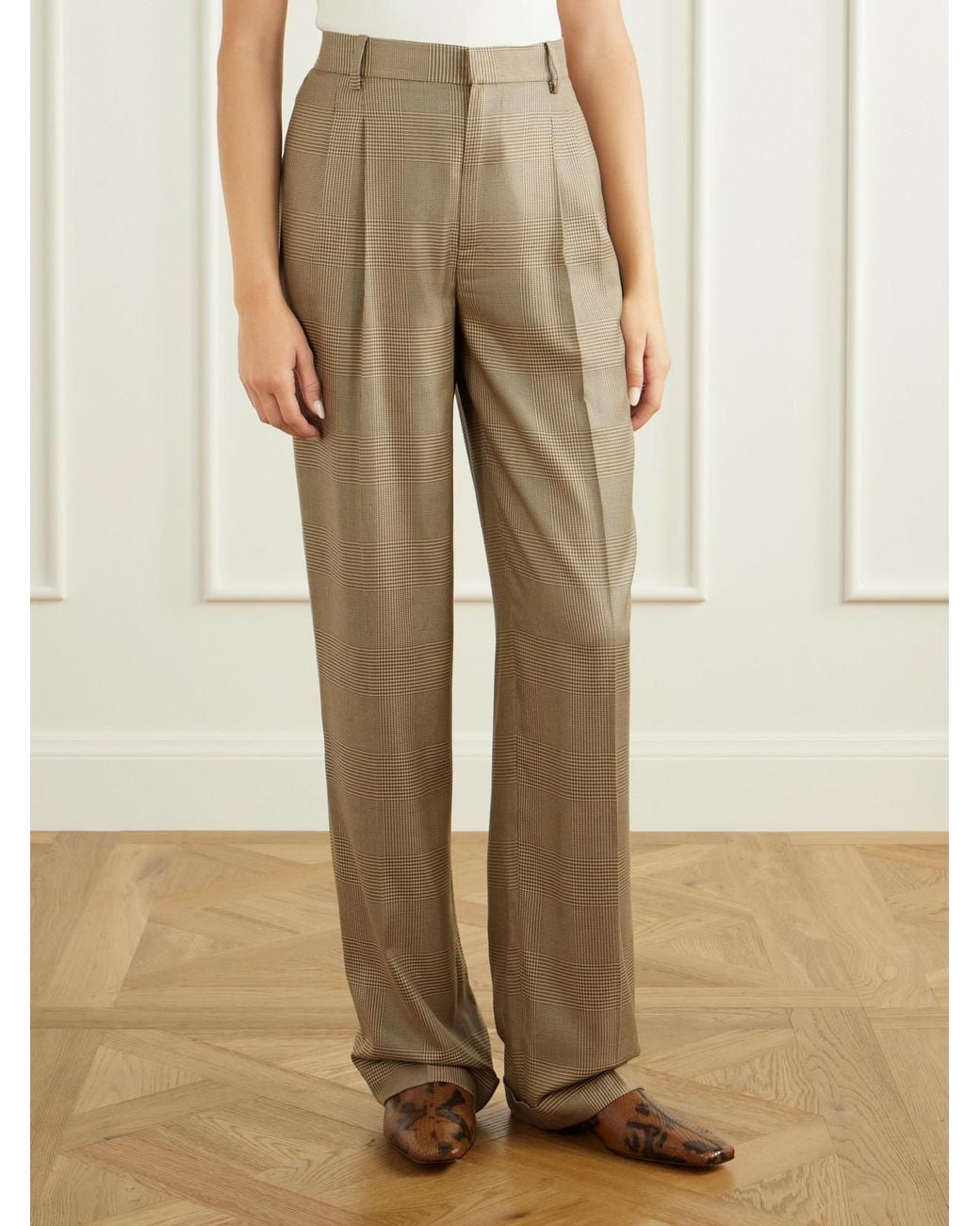 Ralph Lauren Natural Timothy Pleated Prince Of Wales Checked Silk Straight-Leg Pants