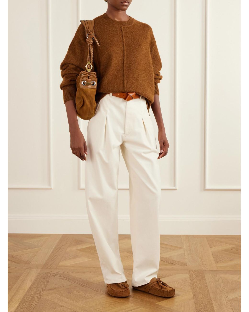 Isabel Marant White Lenadia Pleated Stretch-Cotton Tapered Pants