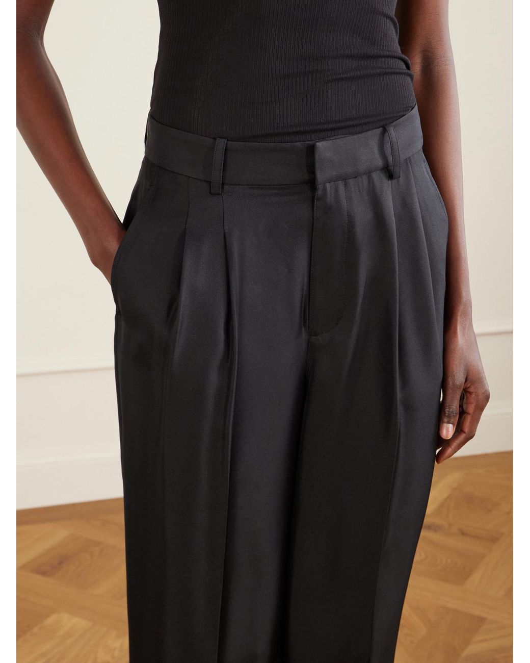 Lisa Yang Black Pleated Silk-Twill Wide-Leg Pants