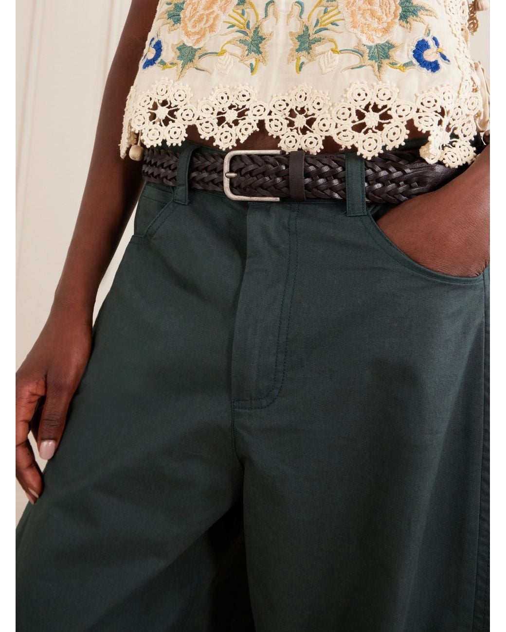 Sea Green Odessa Belted Cotton Wide-Leg Pants