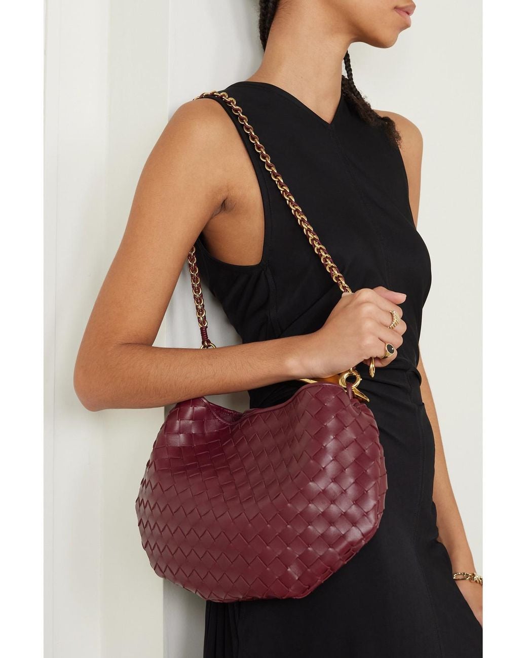 Bottega Veneta Pink Sardine Small Intrecciato Leather Shoulder Bag With Chain