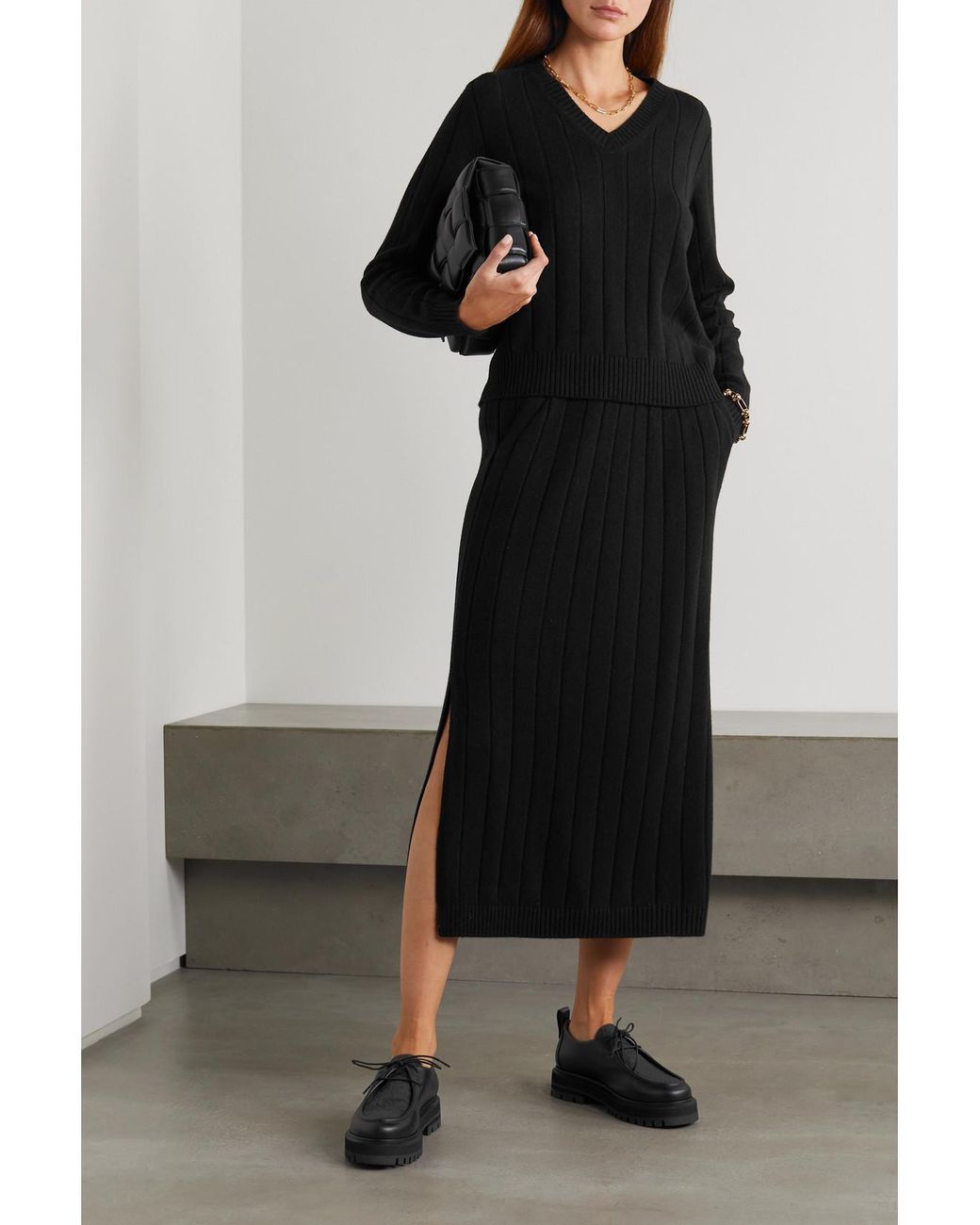 Loro Piana Black Duca D'Aosta Ribbed Cashmere Midi Skirt