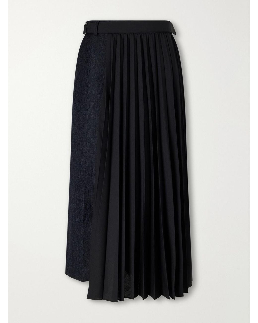 Sacai Black Pleated Herringbone Wool-Blend Midi Skirt