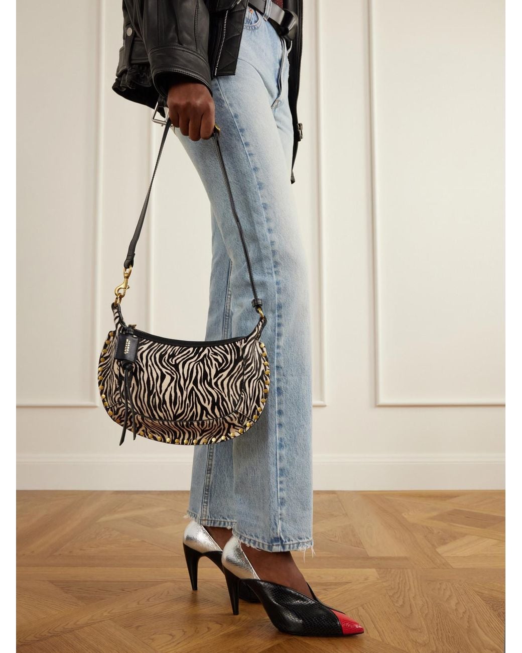Isabel Marant White Oskan Moon Zebra-Print Leather-Trimmed Calf-Hair Shoulder Bag