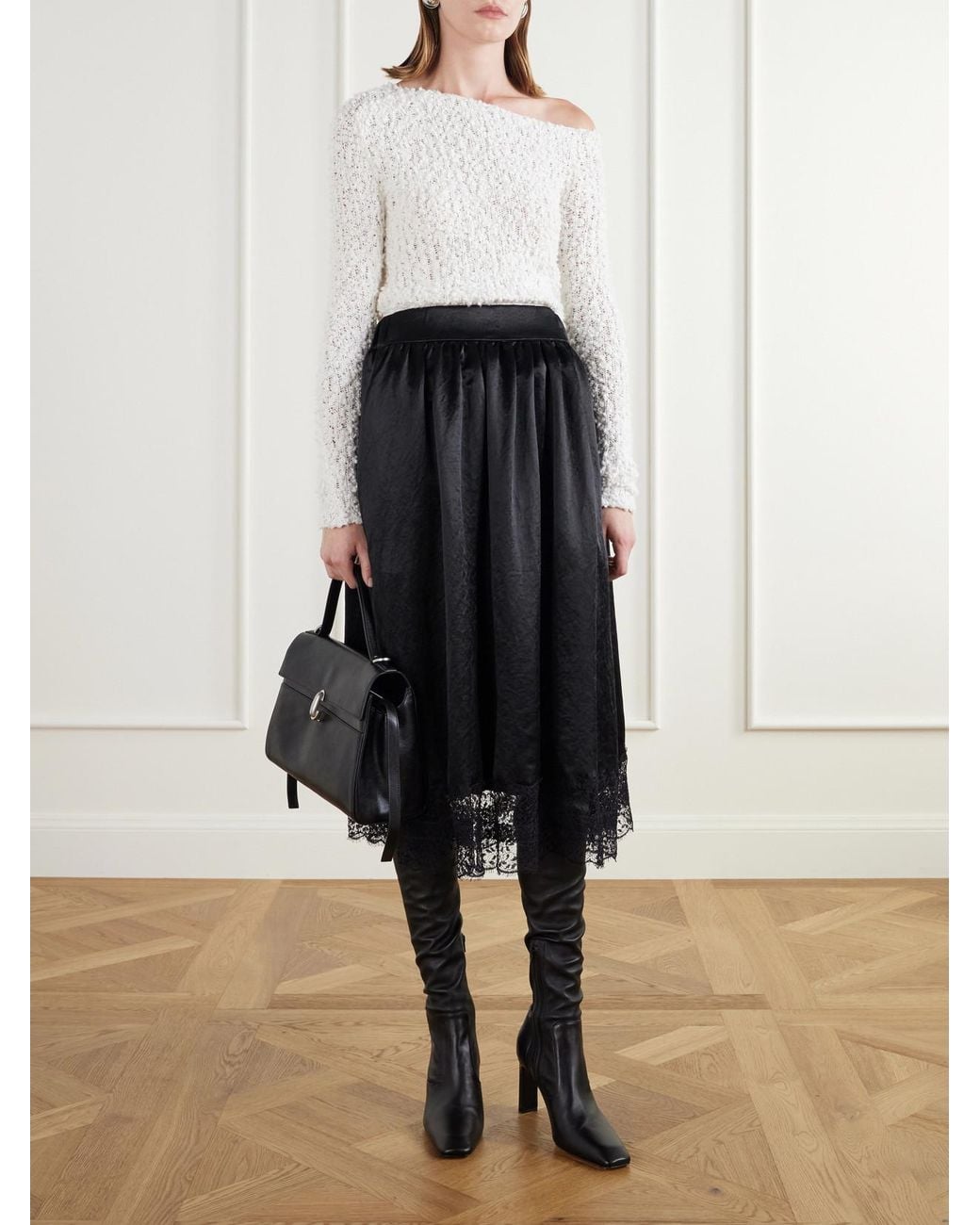 Maria McManus Black Gathered Lace-Trimmed Crinkled Satin Midi Skirt