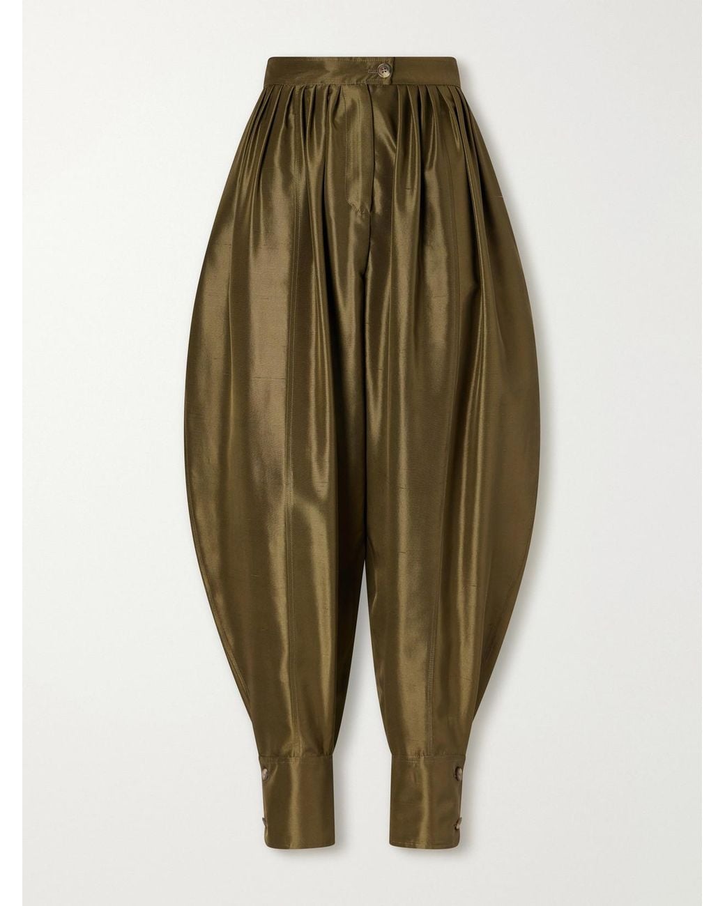 LaDoubleJ Green Harem Pleated Silk-Shantung Tapered Pants