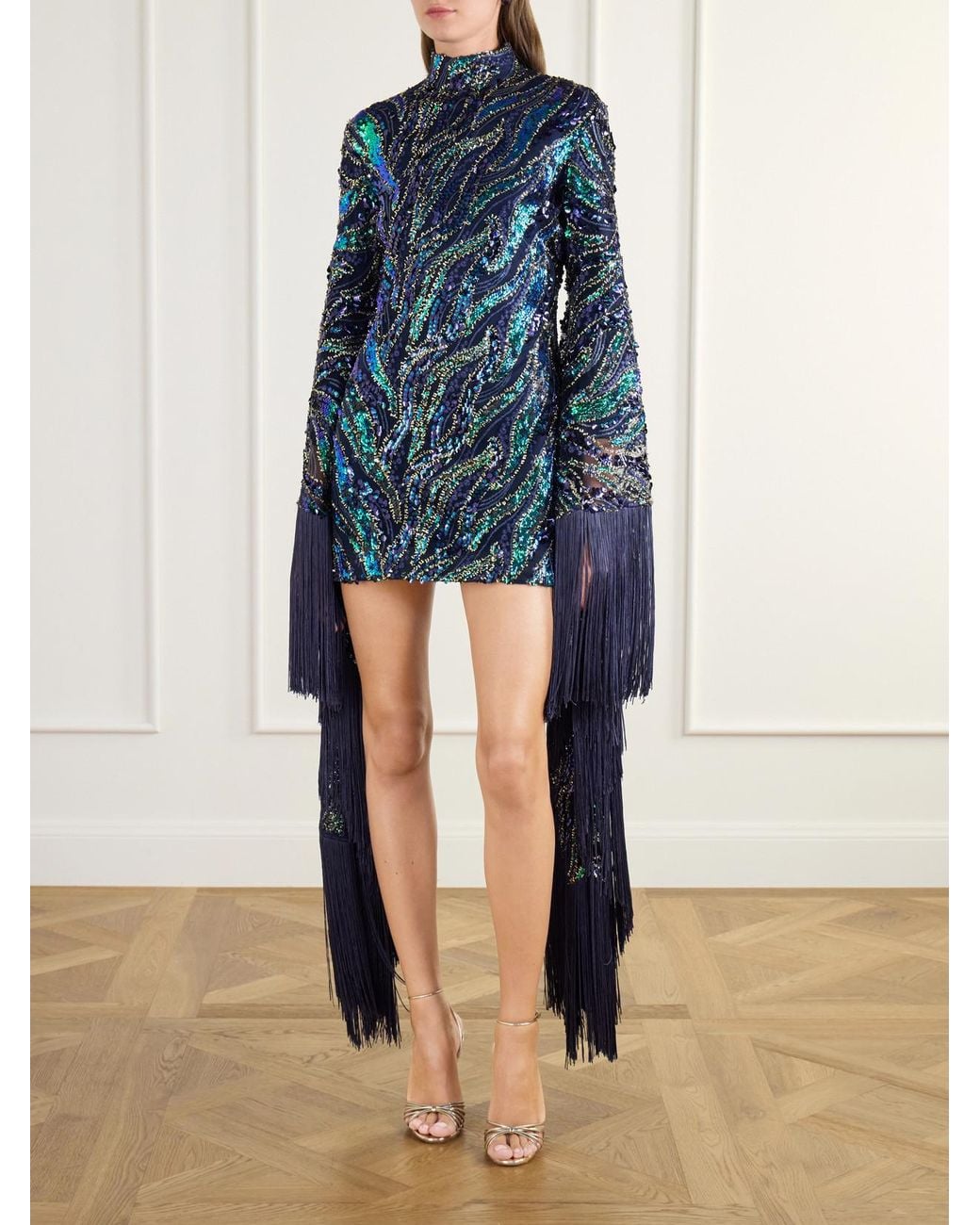 Taller Marmo Blue Disco Dragon Sequin-Embellished Fringe-Trimmed Mesh Mini Dress