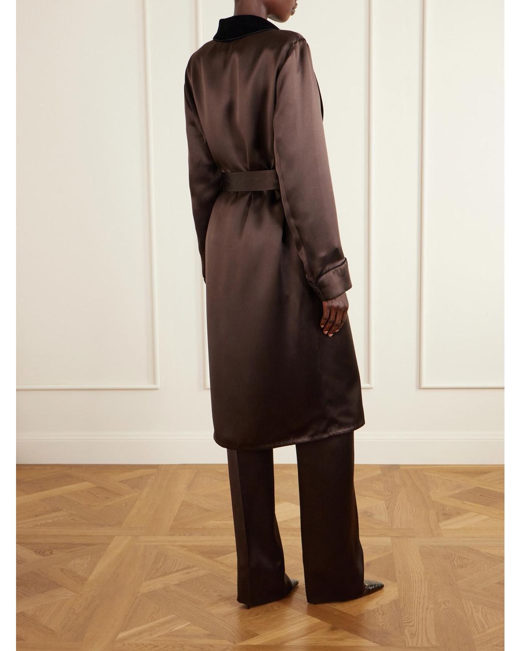 Tom Ford Brown Belted Velvet-Trimmed Silk-Satin Coat