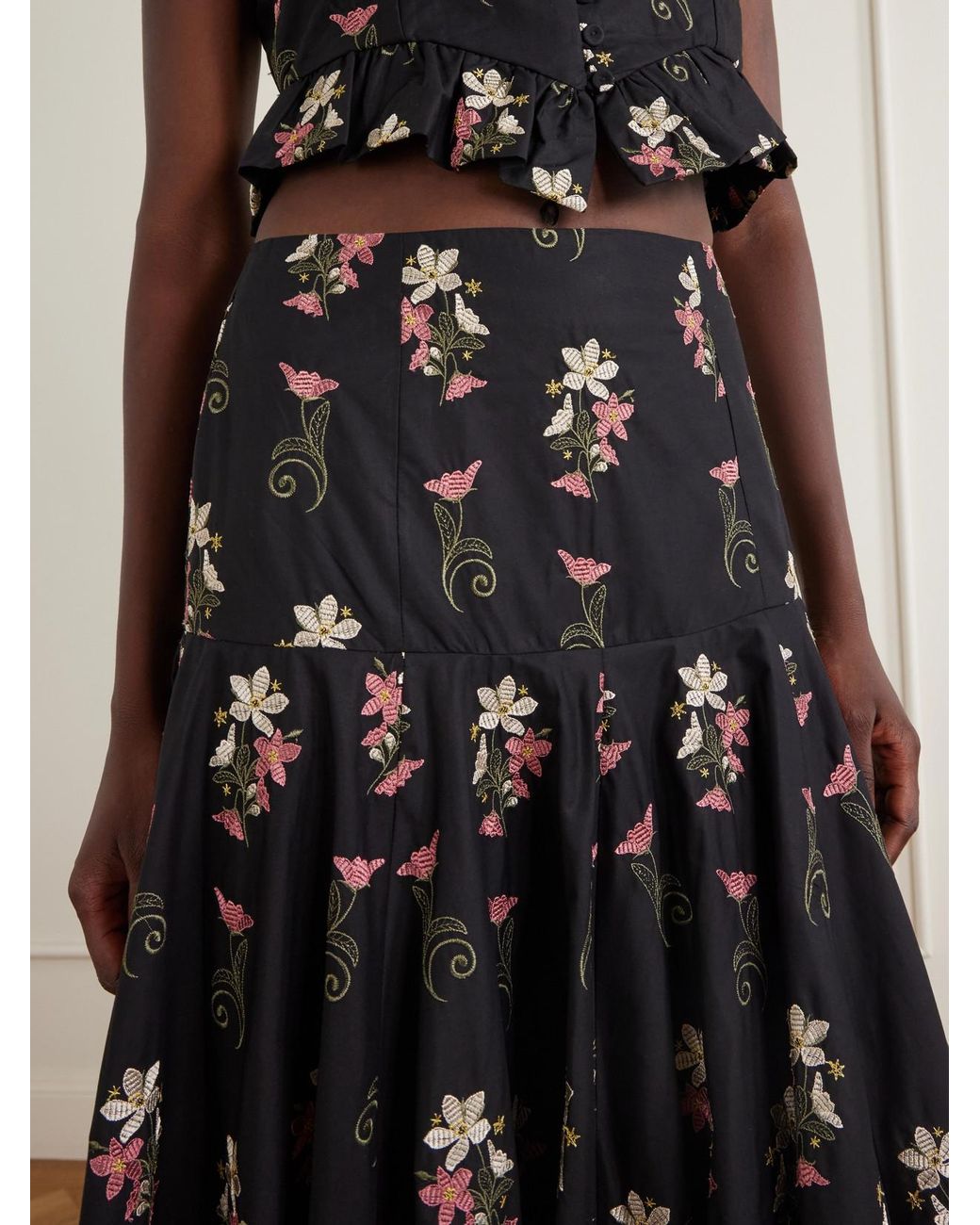 Agua Bendita Black Nacar Noche Floral-Embroidery Cotton Maxi Skirt