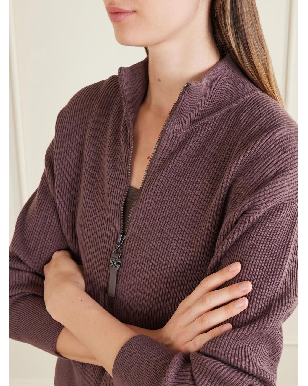 Brunello Cucinelli Purple Ribbed Cotton Zip-Up Turtleneck Cardigan