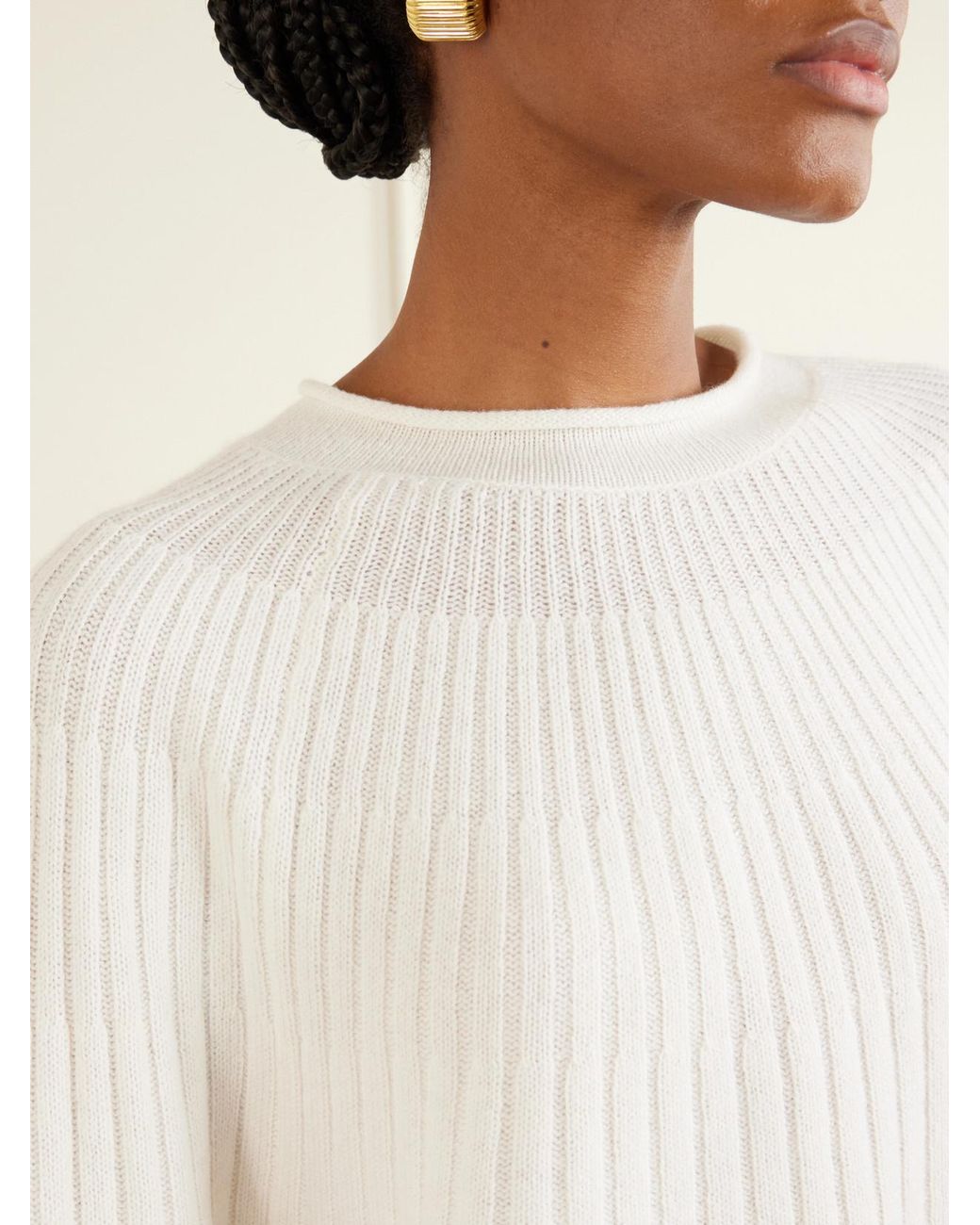 La Ligne White Scallop Ribbed-Knit Cashmere Sweater