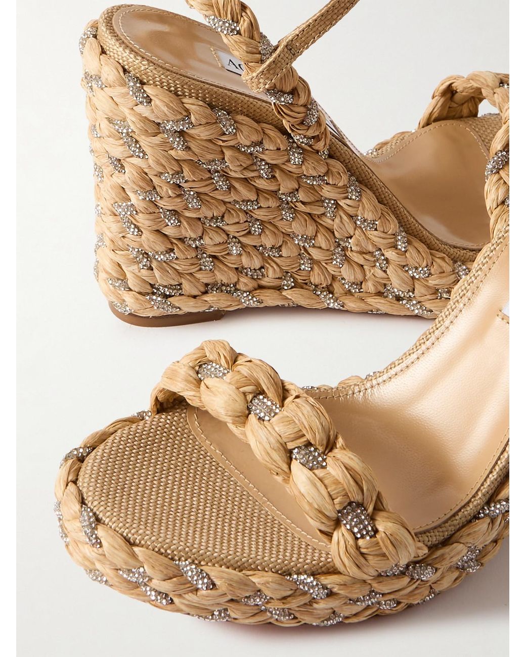 Aquazzura Natural Costiera 120 Crystal-Embellished Cord-Trimmed Raffia Platorm Wedge Sandals