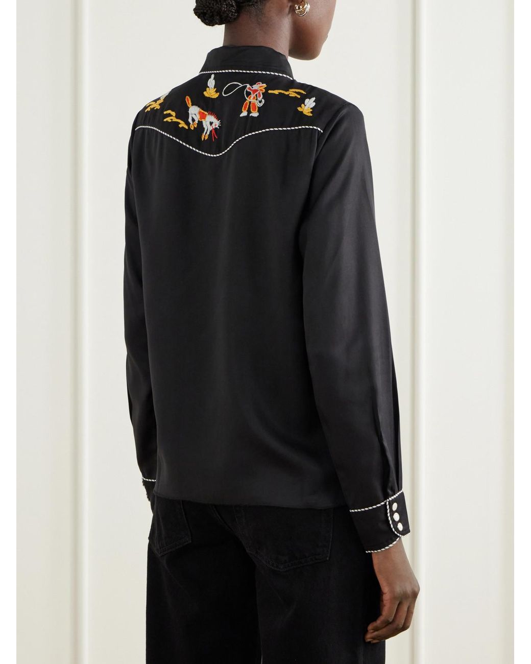 Bode Black Checkers Western Embroidered Poplin Blouse