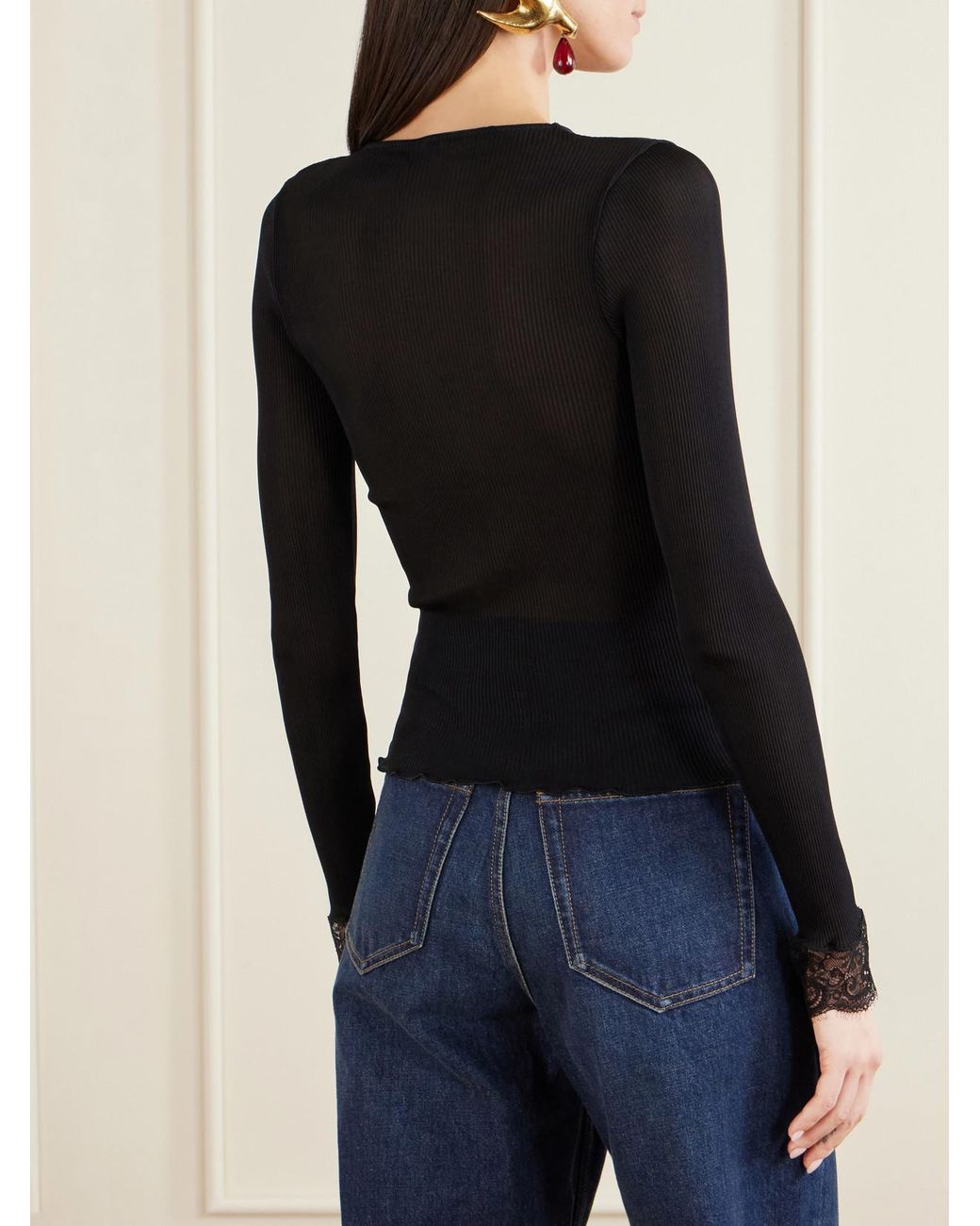Saint Laurent Black Lace-Trimmed Ribbed-Knit Silk T-Shirt