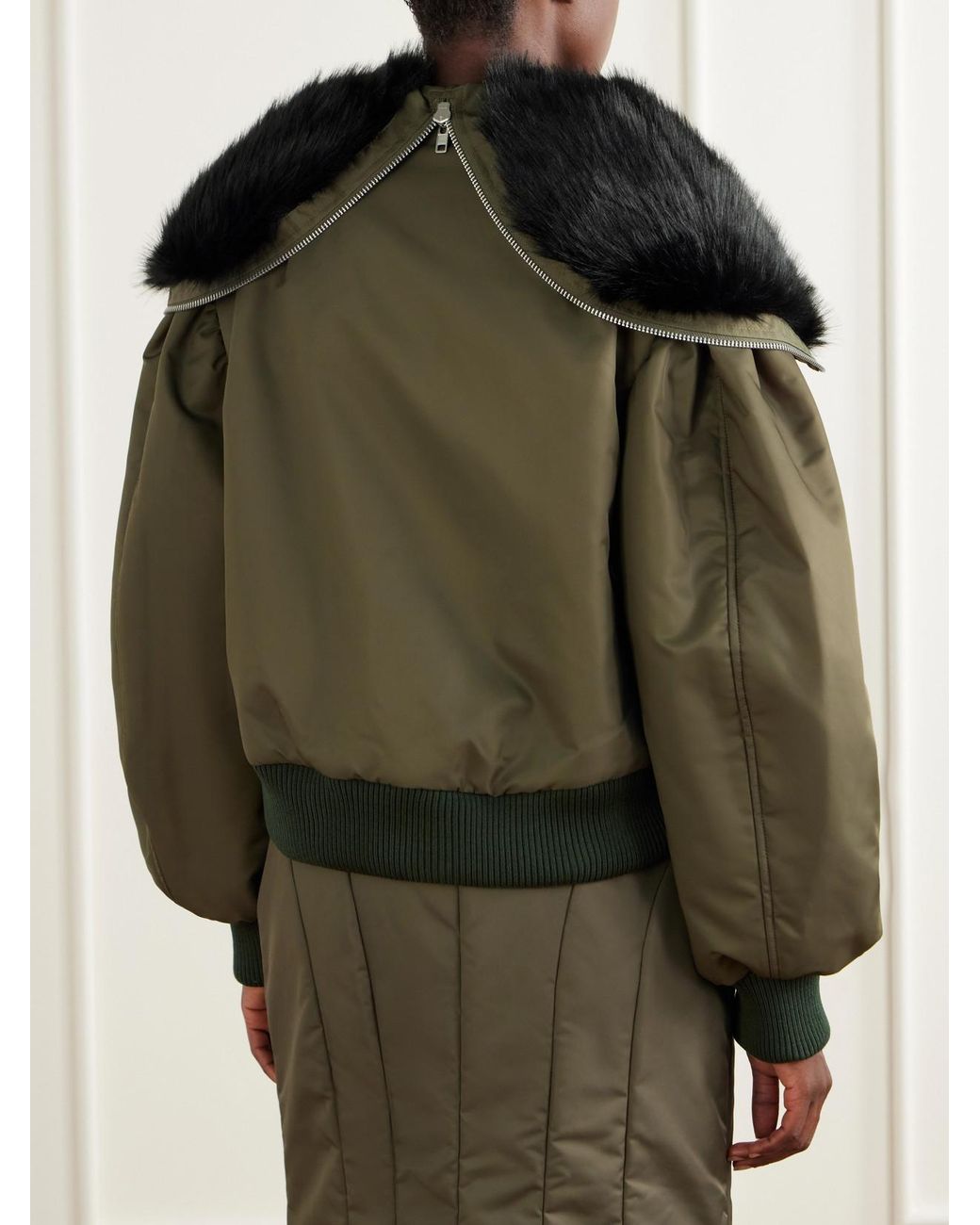 Simone Rocha Green Hooded Cropped Plush-Trimmed Shell Bomber Jacket