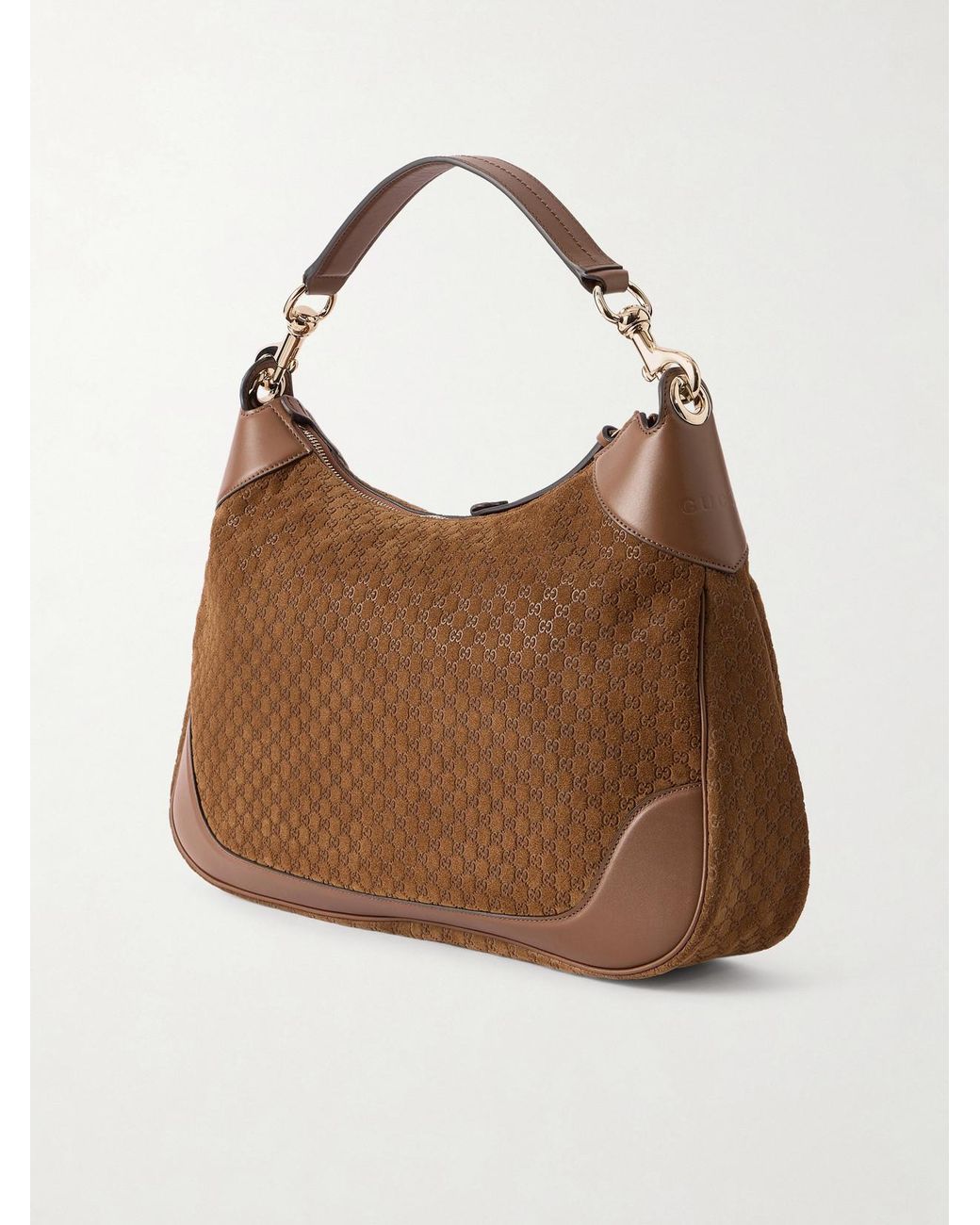 Gucci Brown B Medium Leather-Trimmed Debossed Suede Shoulder Bag