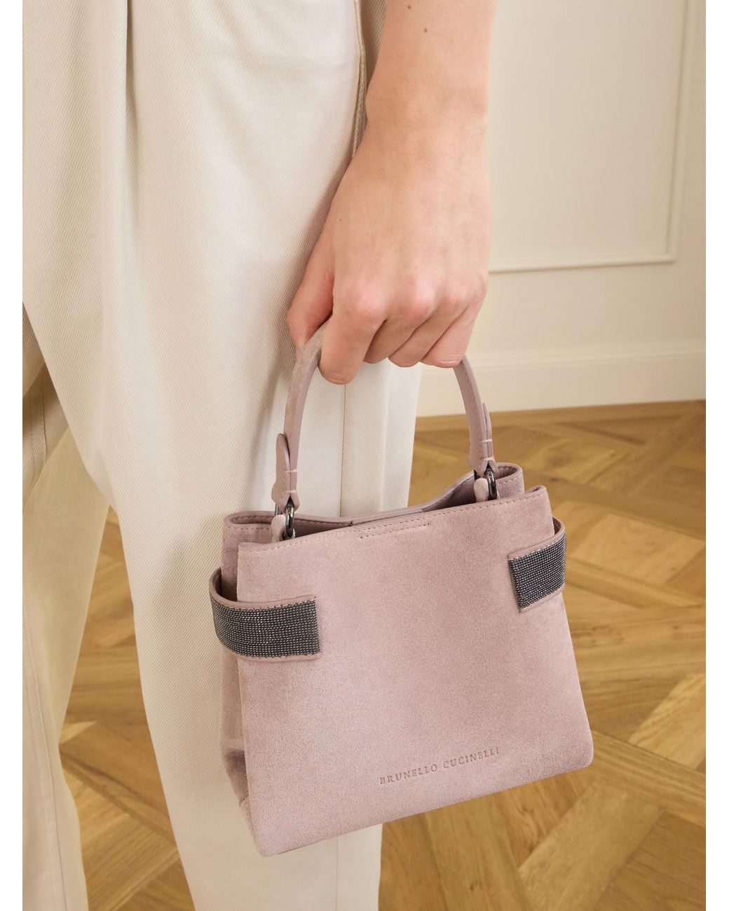 Brunello Cucinelli Pink Bead-Embellished Suede Top-Handle Bag