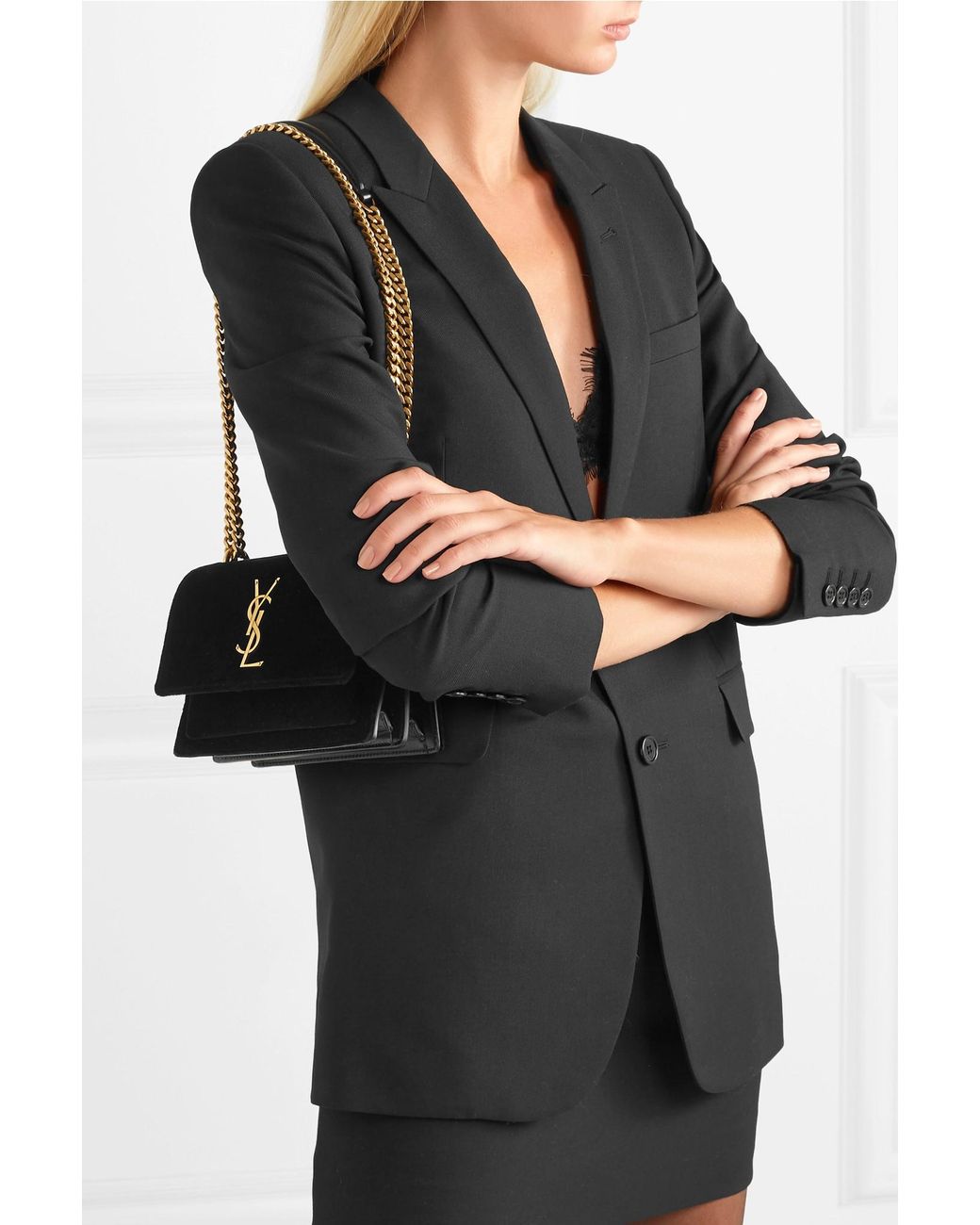 Saint Laurent Sunset Small Velvet And Leather Shoulder Bag in Black