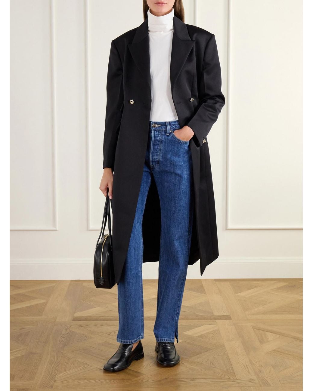 RÙADH Black The Ophelia Double-Breasted Satin-Trimmed Wool-Twill Coat