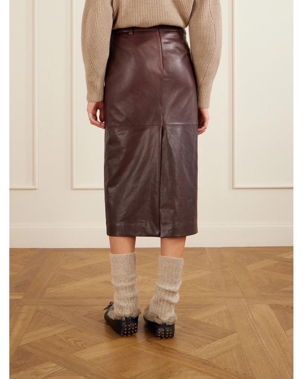 Brunello Cucinelli Brown Paneled Leather Midi Skirt
