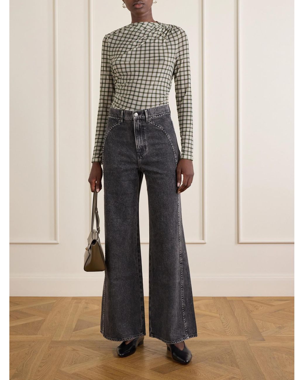 Veronica Beard White Nuvina Gathered Checked Stretch-Mesh Blouse