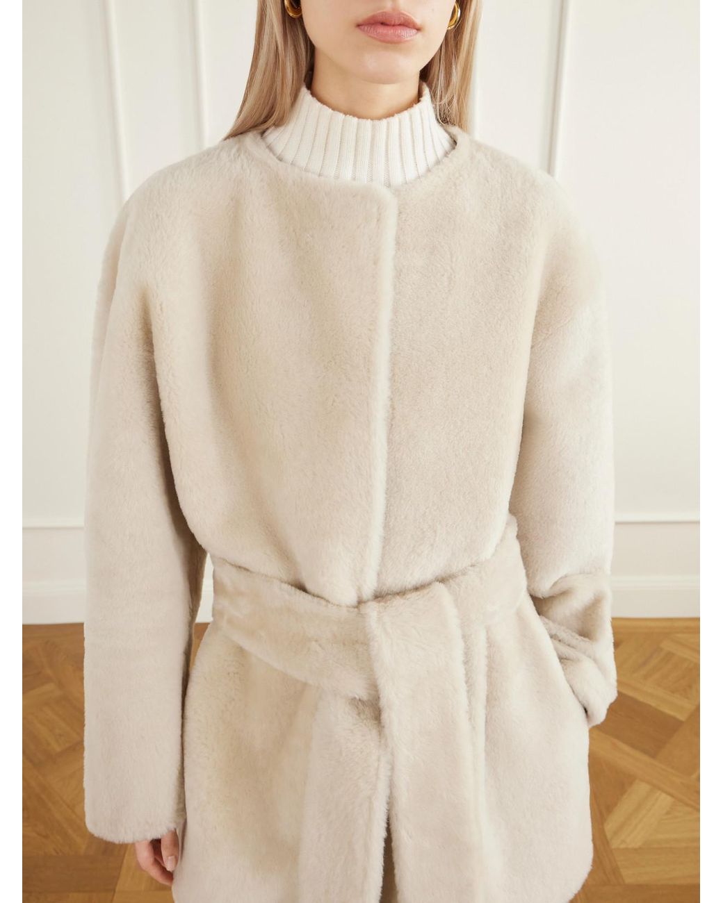 Almala Natural Sasha Collarless Belted Shearling Coat