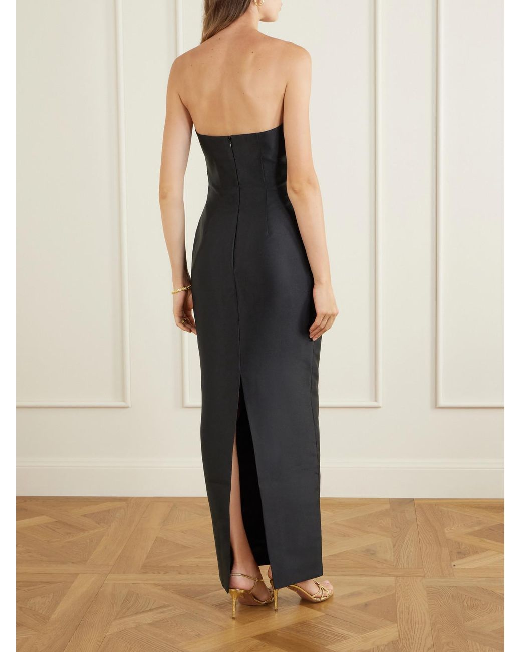 Solace London Black Ingrid Pleated Satin-Twill Gown