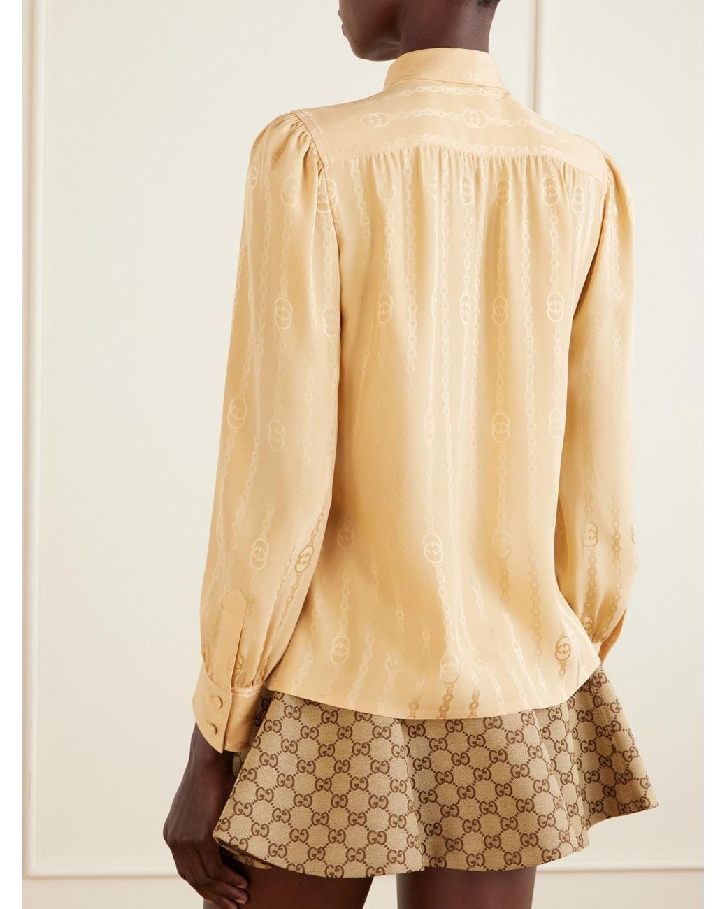 Gucci Natural Pussy-Bow Logo-Jacquard Silk Shirt