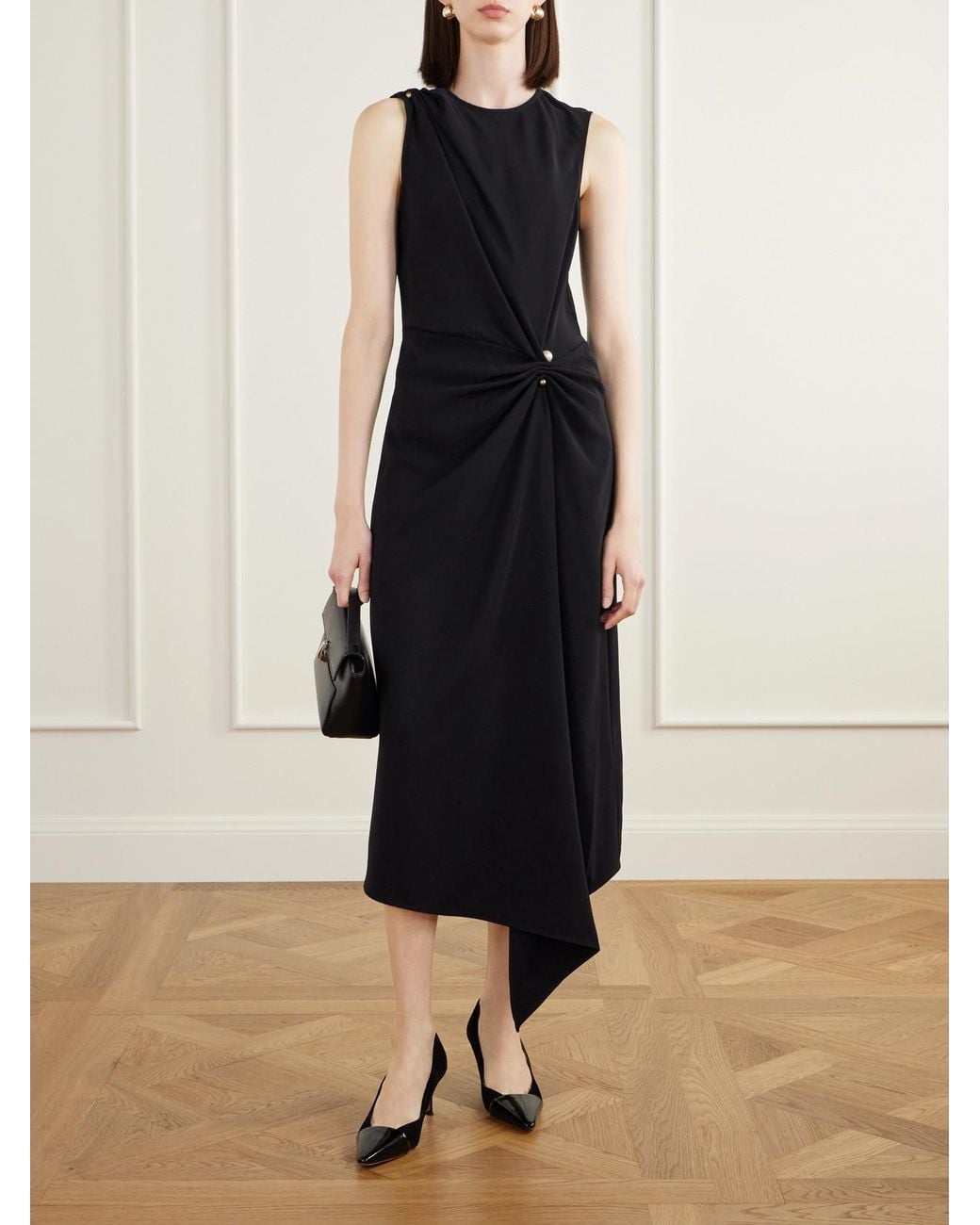 Veronica Beard Black Freja Draped Crepe-Blend Midi Dress