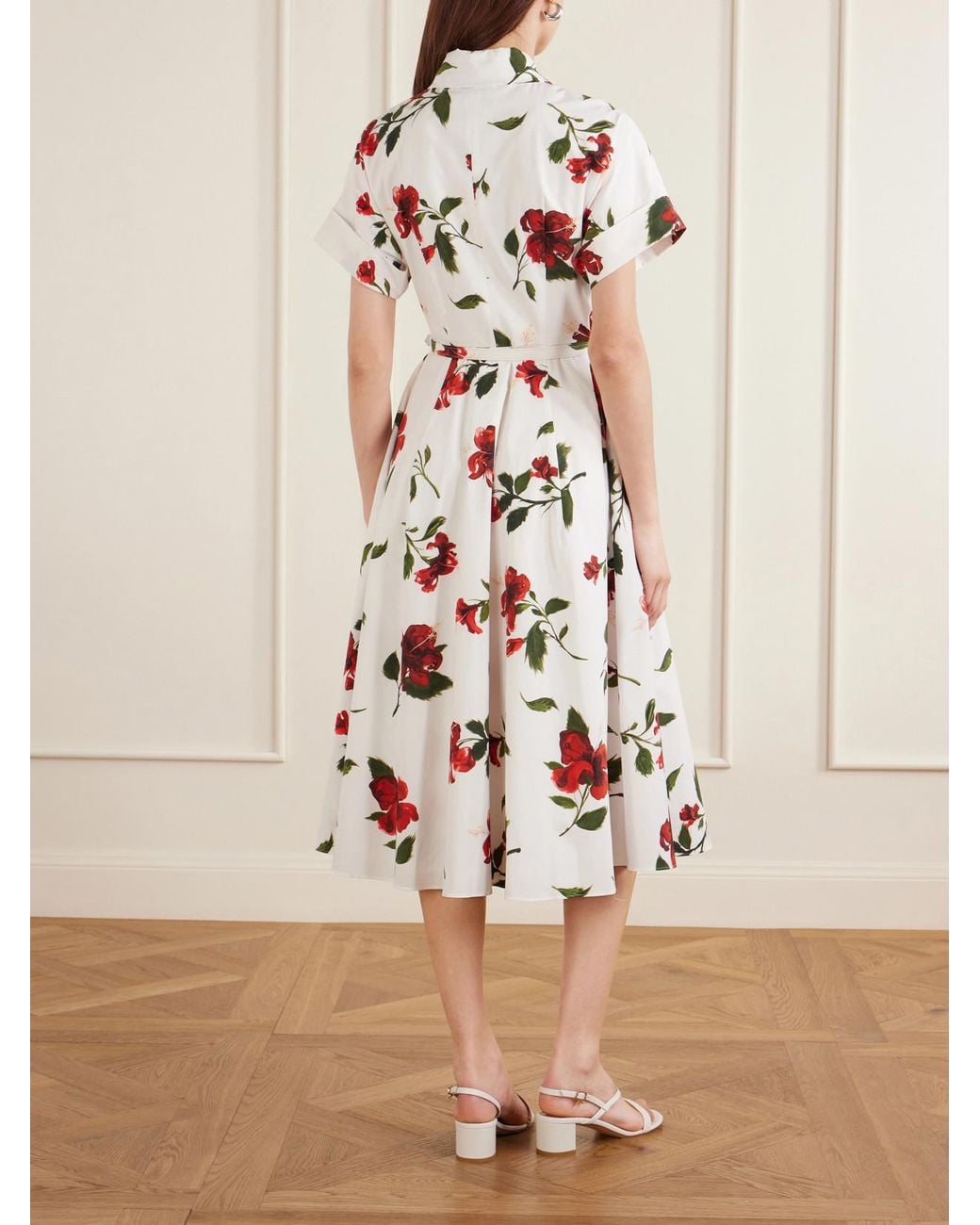 Oscar de la Renta White Floral-Print Cotton-Poplin Midi Dress