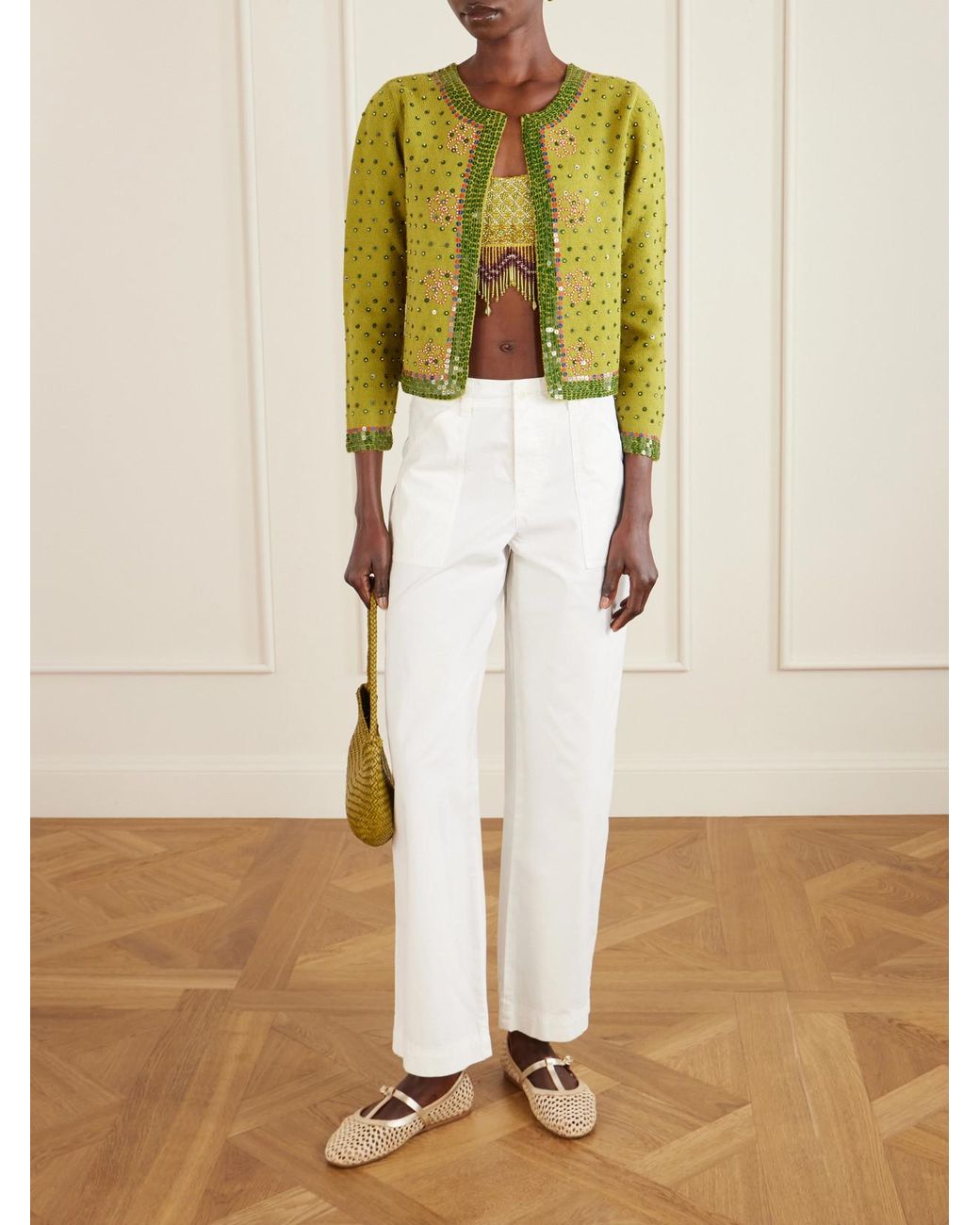 Bode Green Fairy Floss Cropped Embellished Wool And Cashmere-Blend Cardigan