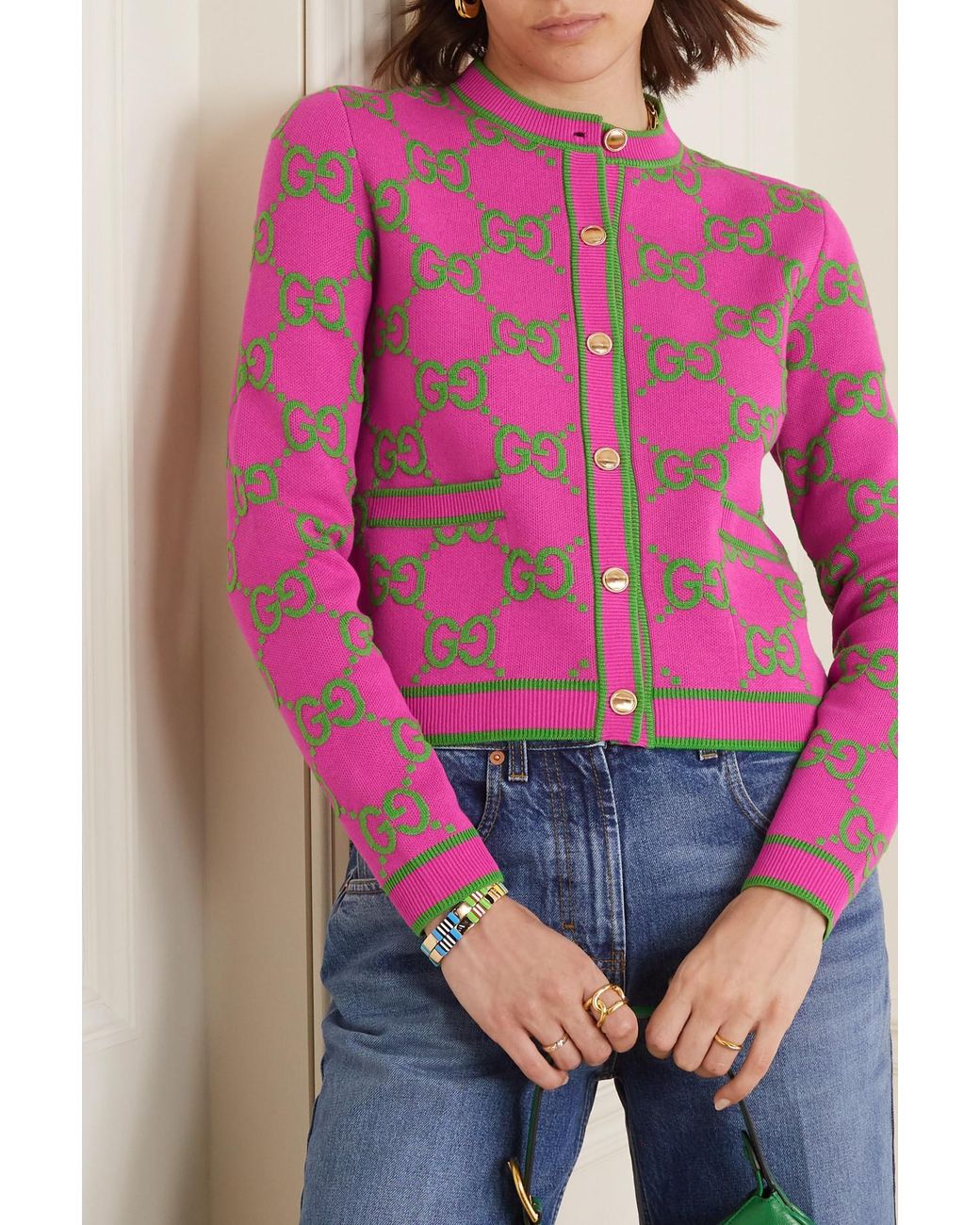 Gucci Cotton, Wool And Silk-blend Jacquard Cardigan in Pink | Lyst