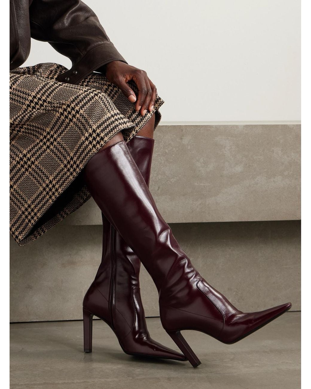 Saint Laurent Brown Francoise Glossed-Leather Knee Boots
