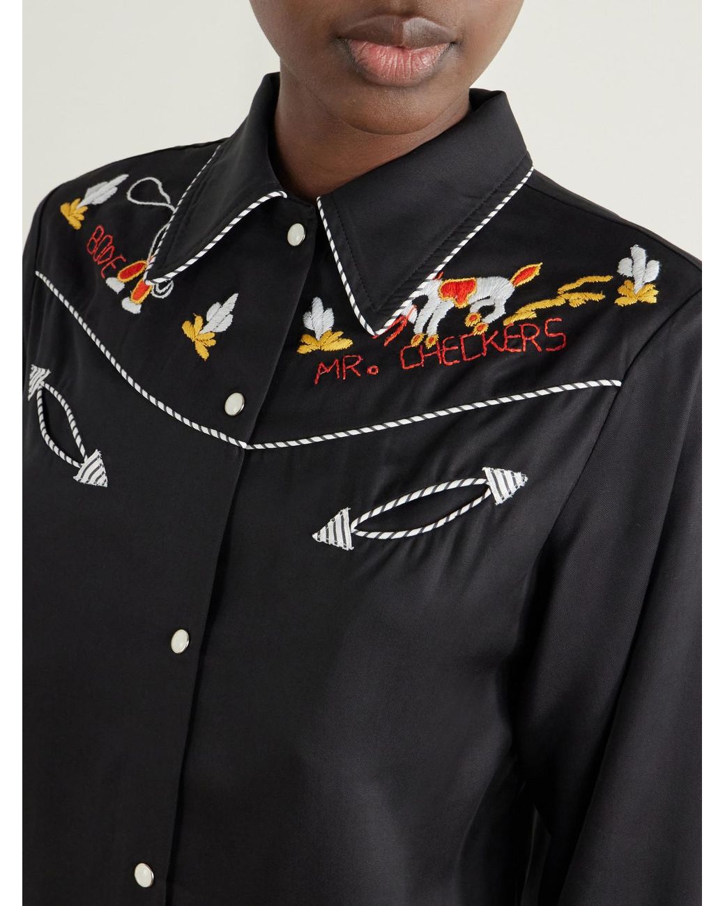 Bode Black Checkers Western Embroidered Poplin Blouse