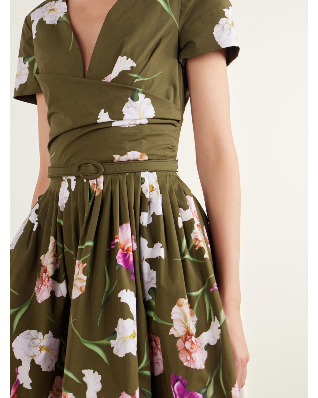 Oscar de la Renta Green Iris Belted Draped Floral-Print Cotton-Blend Poplin Mini Dress