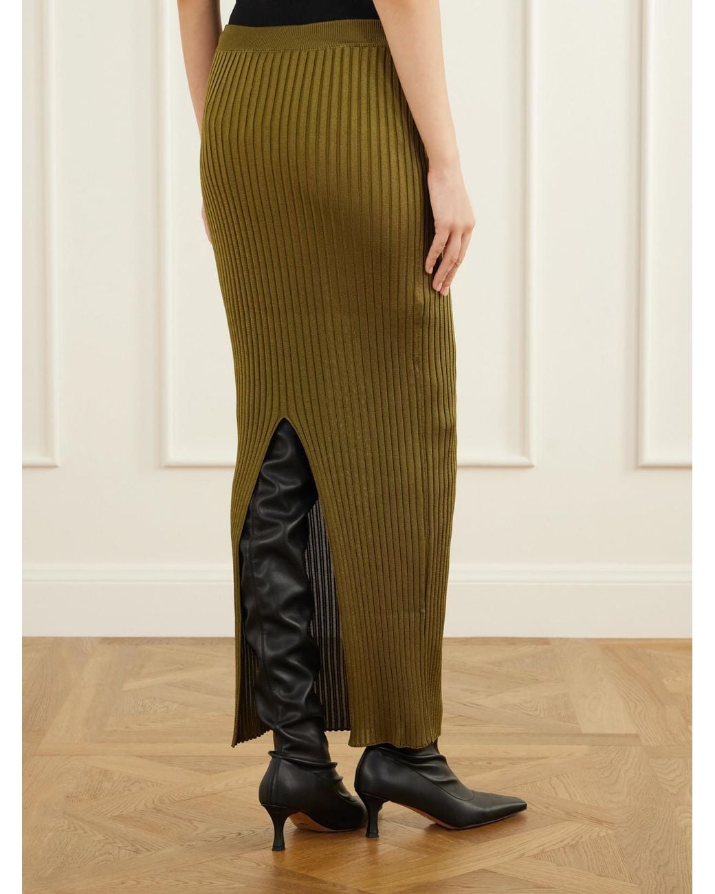 Balmain Green Ribbed Stretch Maxi Skirt