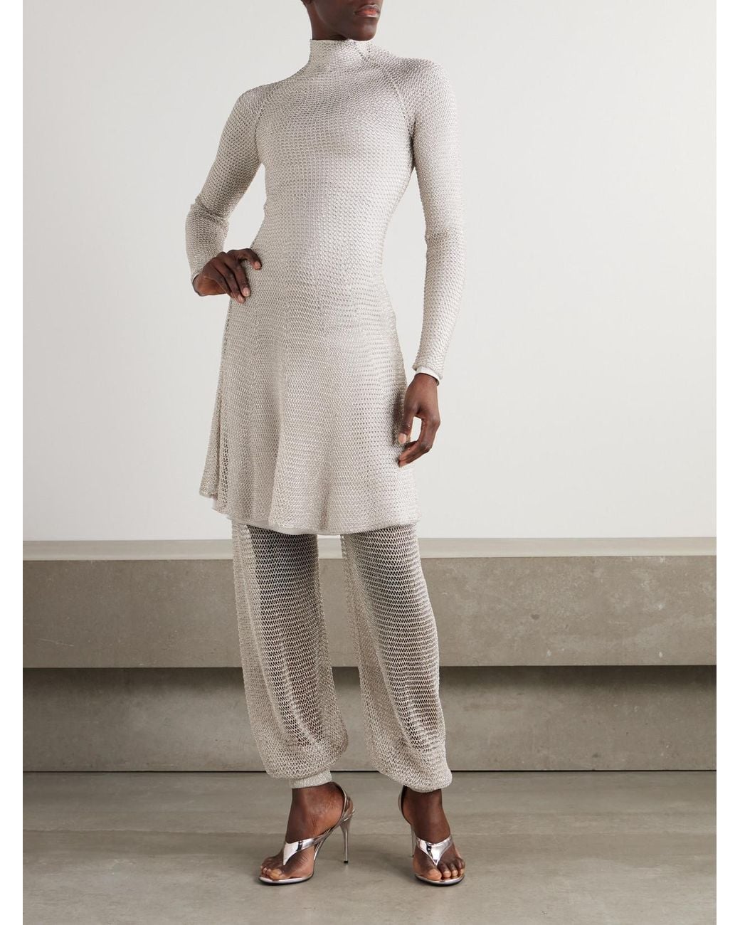 Alaïa Metallic Open-Knit Turtleneck Mini Dress