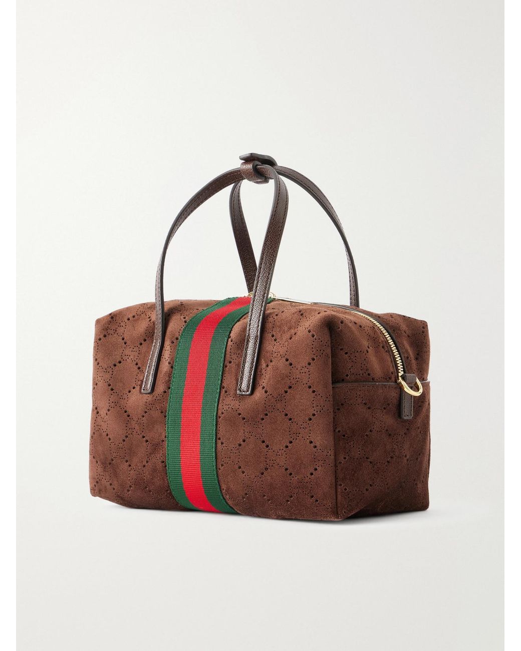 Gucci Red Essence Web And Leather-Trimmed Perforated Suede Shoulder Bag