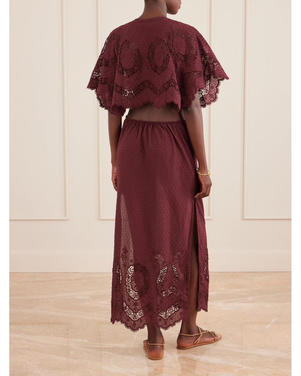 Johanna Ortiz Red Paradise Crocheted-Trimmed Cotton-Blend Maxi Dress