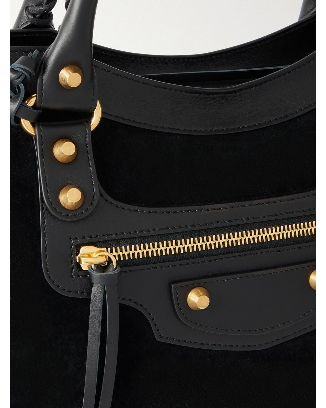 Balenciaga Black Le City Studded Leather-Trimmed Suede Shoulder Bag