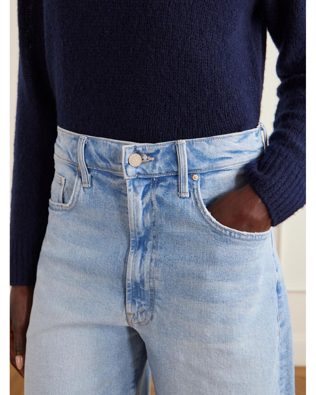 Mother Blue The Whole Lot Zip Fray Low-Rise Wide-Leg Denim Shorts